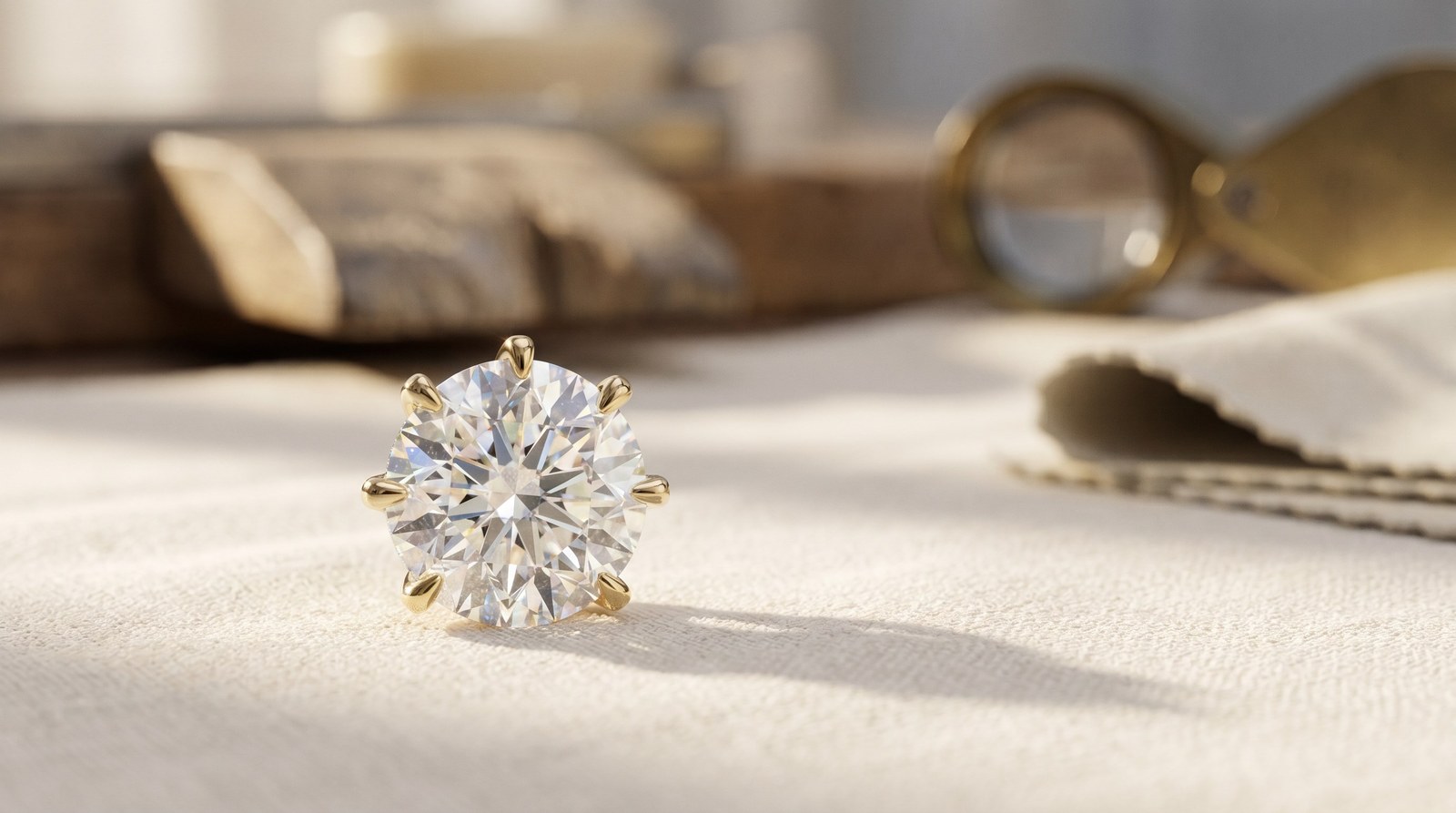 A round brilliant cut diamond freshly set in recycled 18k gold under raking studio light.