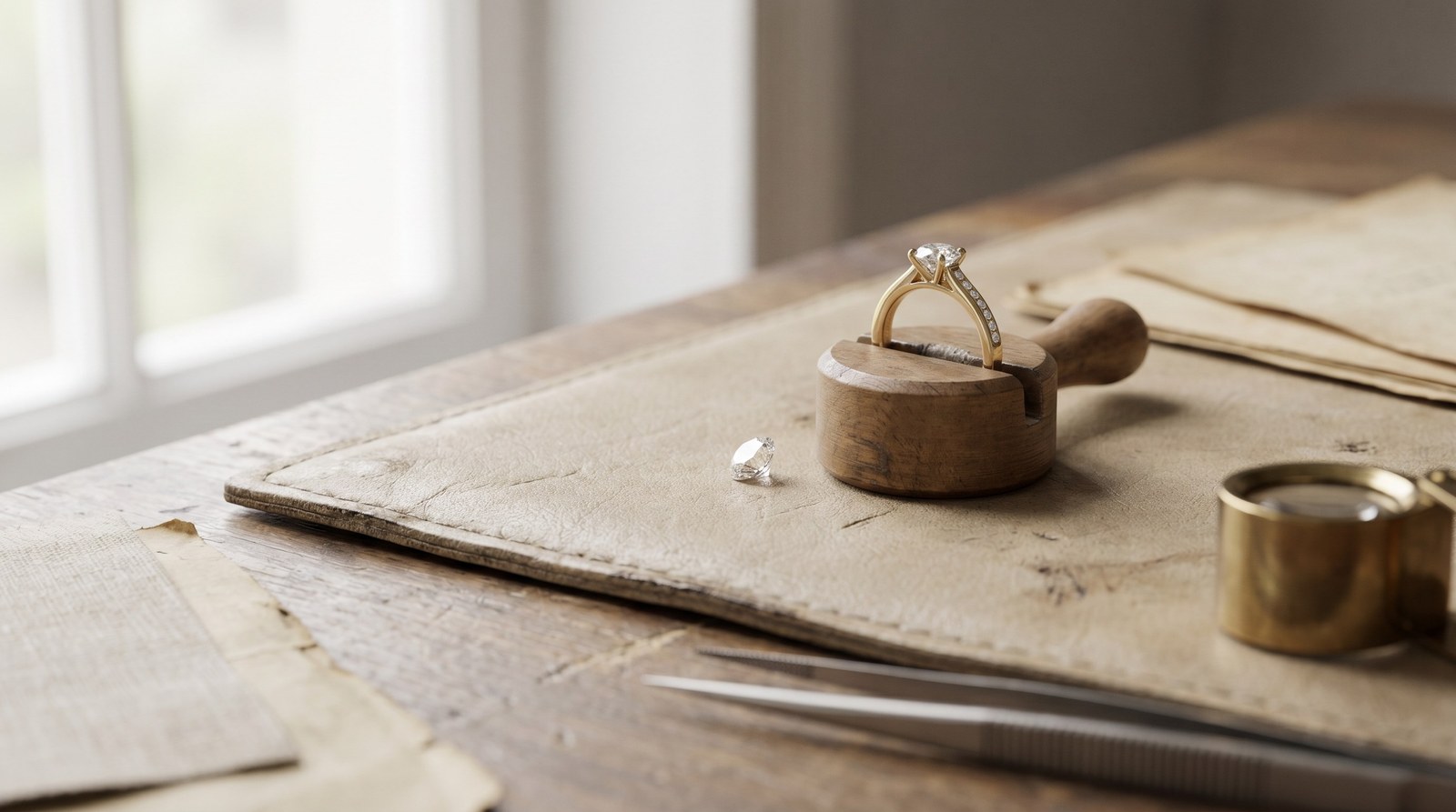 A solitaire ring half-set in a bench clamp, with tweezers and a brass loupe nearby.