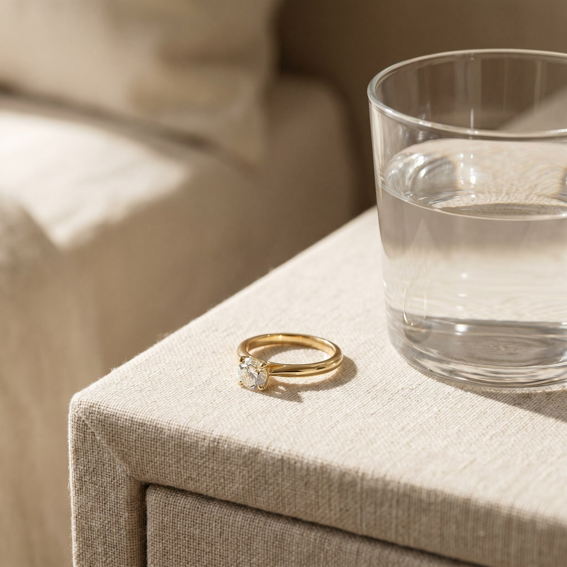 A lab-grown diamond catching cool morning light against a neutral backdrop.